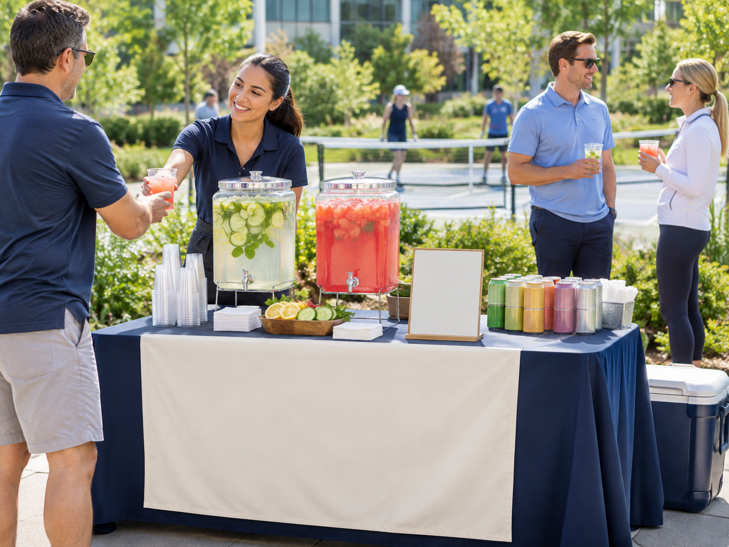 A refreshment table set up beside the courts